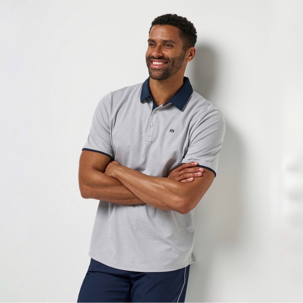 TRAVIS MATHEW Men’s Home Game Light Gray Polo Shirt with Navy Accents Size Med